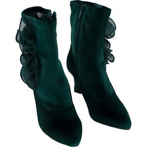 Impo Vanguard Stretch Velvet Booties Juniper Green Ruffle Zip Women's US 6.5M